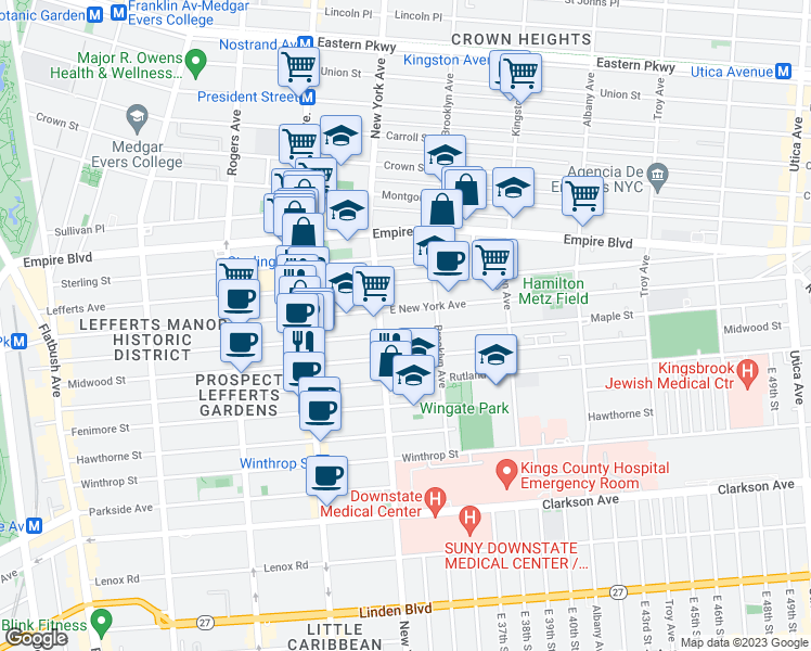 map of restaurants, bars, coffee shops, grocery stores, and more near 473 East New York Avenue in Brooklyn