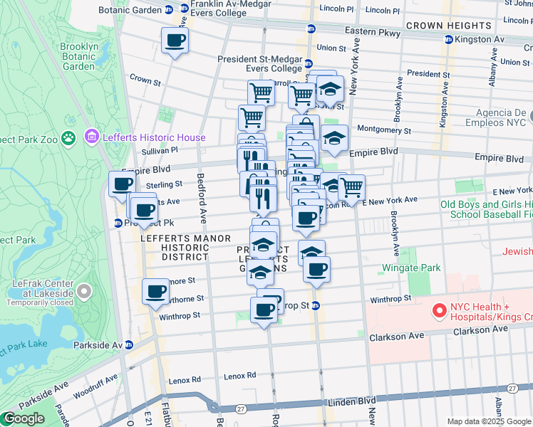 map of restaurants, bars, coffee shops, grocery stores, and more near 246 Lefferts Avenue in Brooklyn