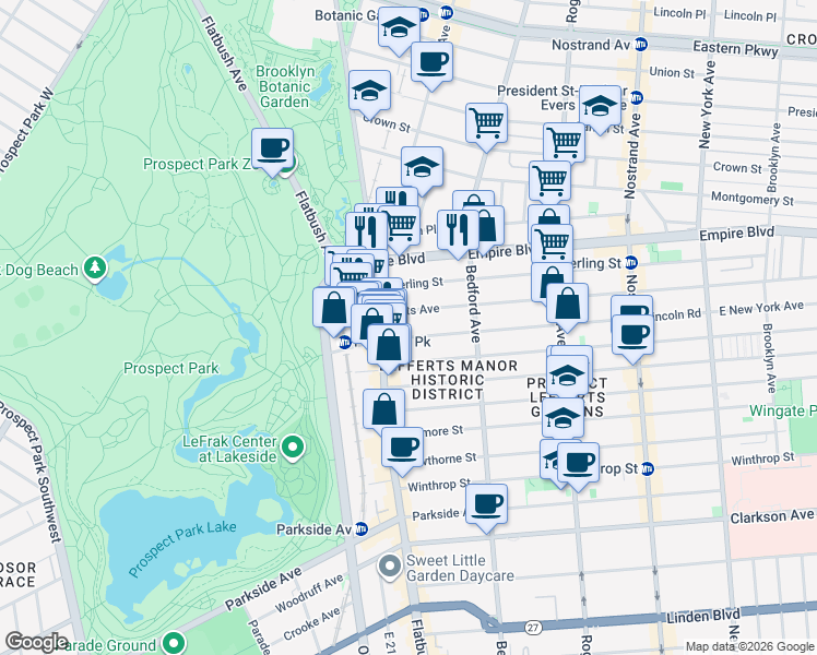 map of restaurants, bars, coffee shops, grocery stores, and more near 67 Lefferts Avenue in Brooklyn