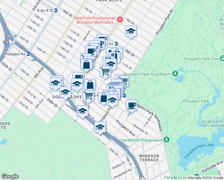 map of restaurants, bars, coffee shops, grocery stores, and more near 423 15th Street in Brooklyn