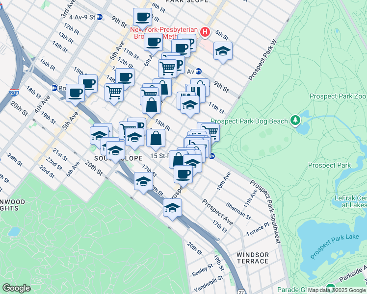 map of restaurants, bars, coffee shops, grocery stores, and more near 423 15th Street in Brooklyn