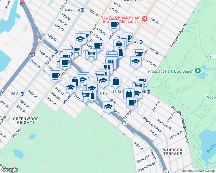 map of restaurants, bars, coffee shops, grocery stores, and more near 373 Prospect Avenue in Brooklyn
