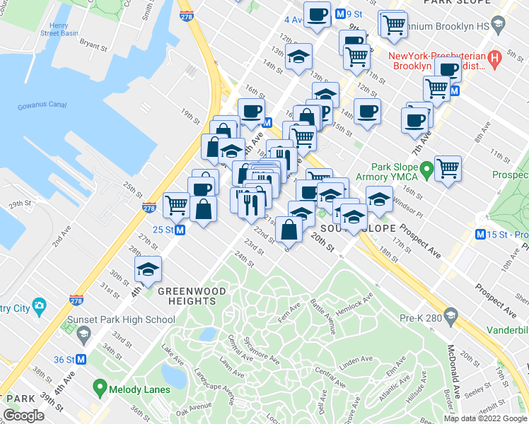 map of restaurants, bars, coffee shops, grocery stores, and more near 696 5th Avenue in Brooklyn