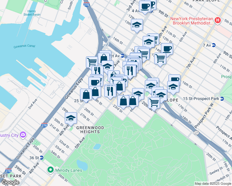 map of restaurants, bars, coffee shops, grocery stores, and more near 696 5th Avenue in Brooklyn