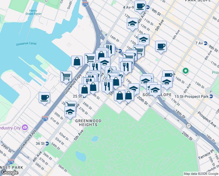 map of restaurants, bars, coffee shops, grocery stores, and more near 200 21st Street in Brooklyn