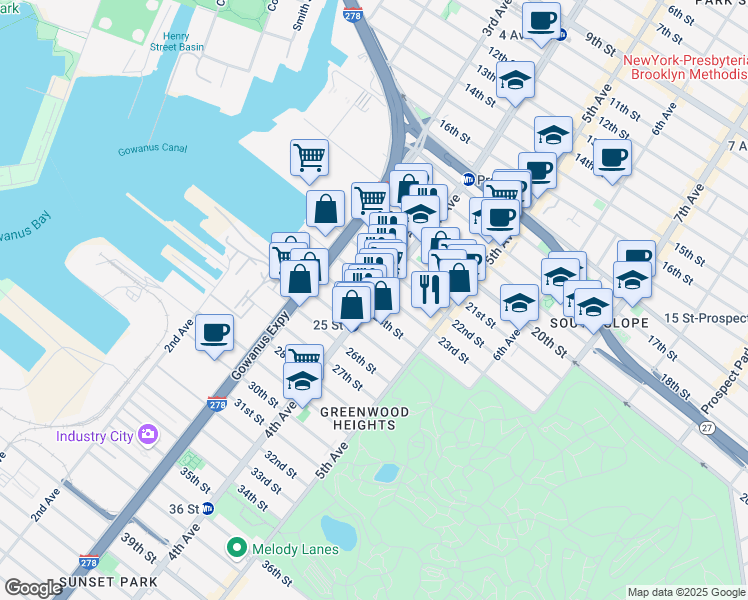 map of restaurants, bars, coffee shops, grocery stores, and more near 714 4th Avenue in Brooklyn