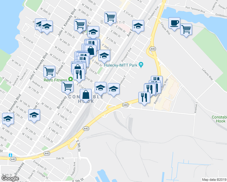map of restaurants, bars, coffee shops, grocery stores, and more near 151 Avenue F in Bayonne