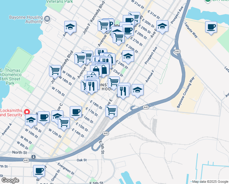 map of restaurants, bars, coffee shops, grocery stores, and more near 34 East 22nd Street in Bayonne