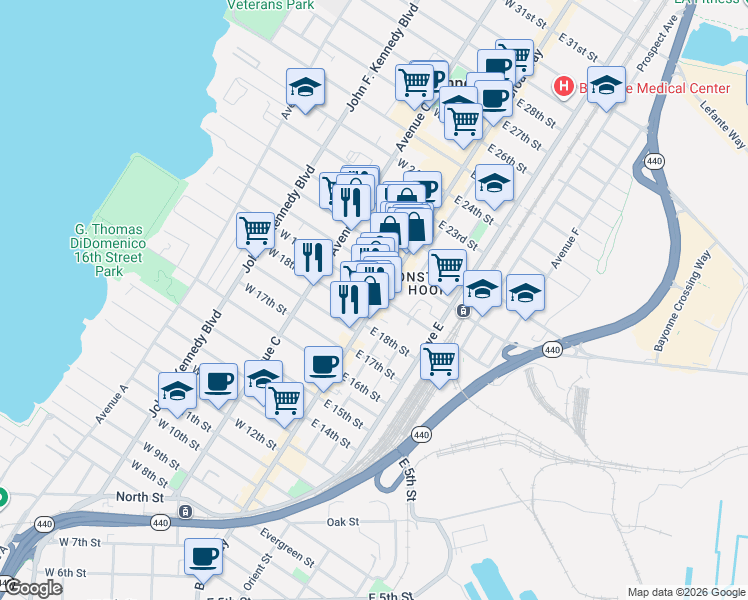 map of restaurants, bars, coffee shops, grocery stores, and more near 17 West 19th Street in Bayonne