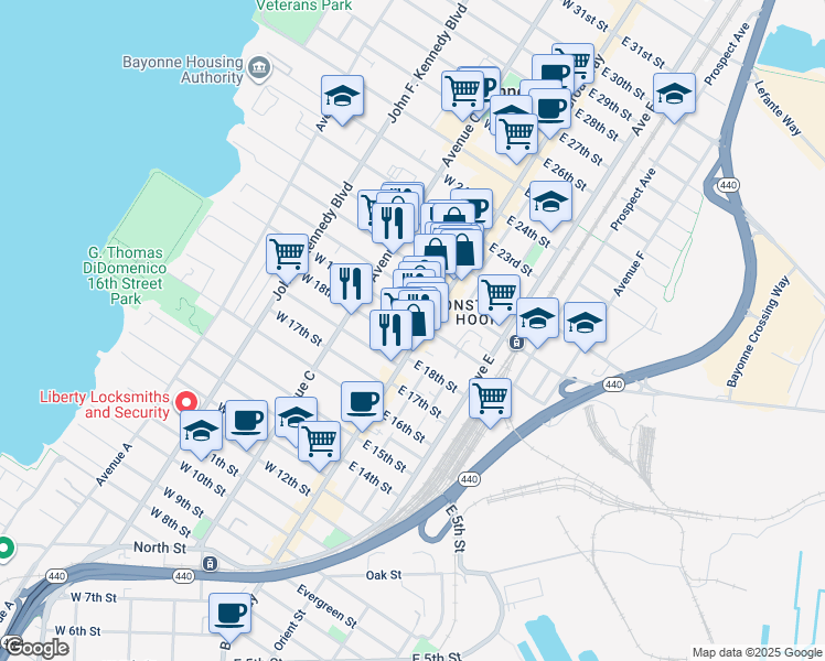 map of restaurants, bars, coffee shops, grocery stores, and more near 17 West 19th Street in Bayonne