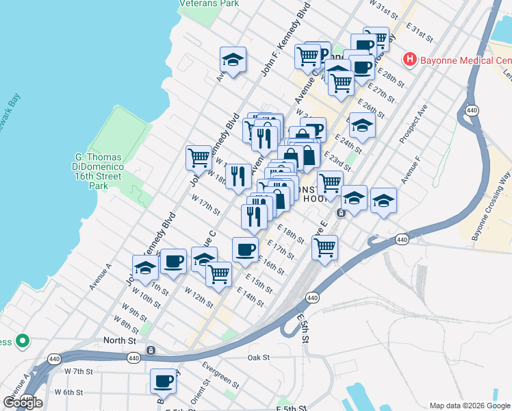map of restaurants, bars, coffee shops, grocery stores, and more near 45 West 18th Street in Bayonne