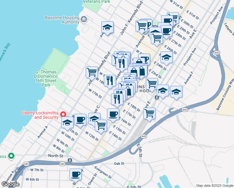 map of restaurants, bars, coffee shops, grocery stores, and more near 45 West 18th Street in Bayonne