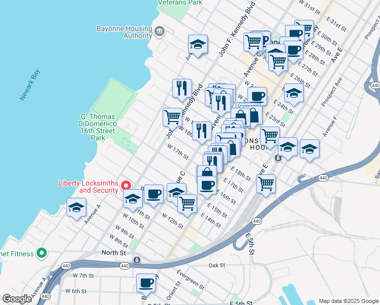 map of restaurants, bars, coffee shops, grocery stores, and more near 66 West 18th Street in Bayonne