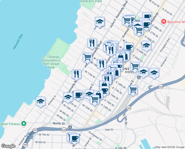 map of restaurants, bars, coffee shops, grocery stores, and more near 94 Andrew Street in Bayonne