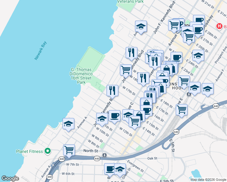 map of restaurants, bars, coffee shops, grocery stores, and more near 453 John F. Kennedy Boulevard in Bayonne