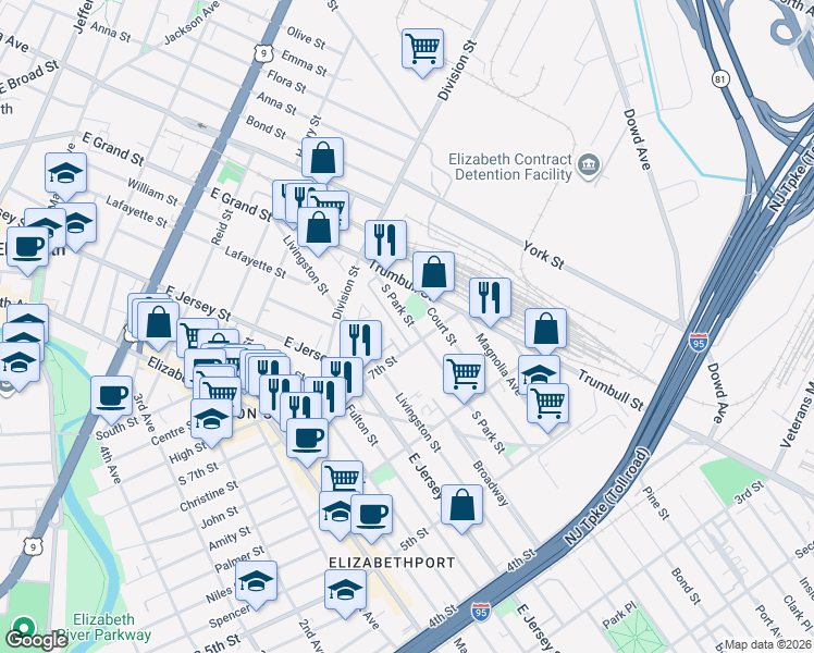 map of restaurants, bars, coffee shops, grocery stores, and more near 739 South Park Street in Elizabeth