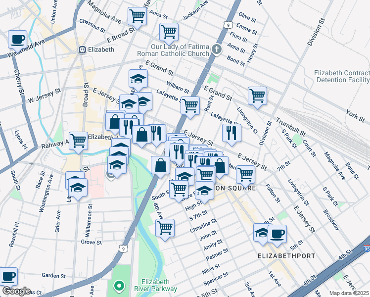 map of restaurants, bars, coffee shops, grocery stores, and more near in Elizabeth