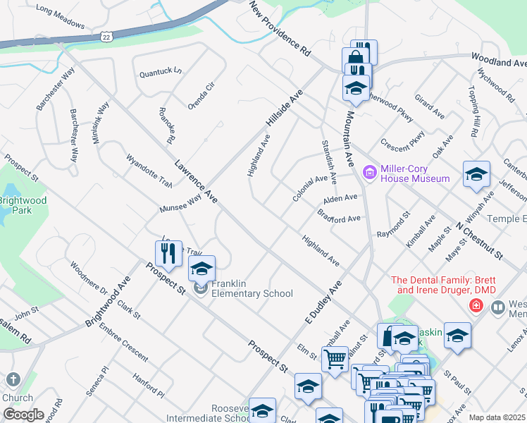 map of restaurants, bars, coffee shops, grocery stores, and more near 800 Highland Avenue in Westfield
