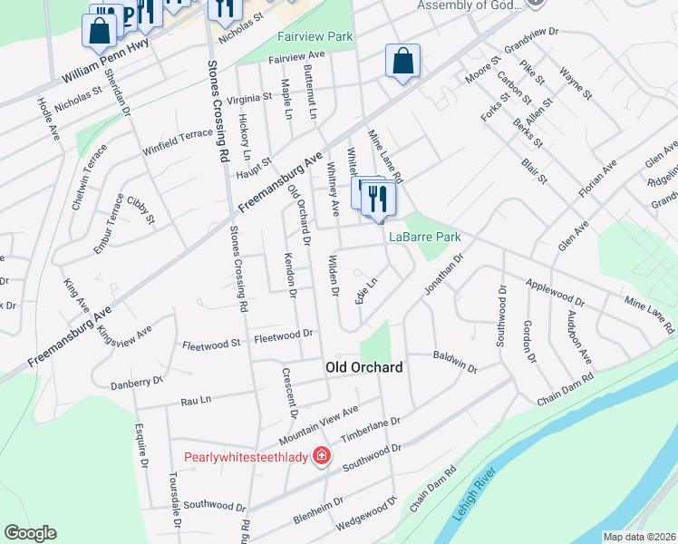 map of restaurants, bars, coffee shops, grocery stores, and more near 3 Wilden Drive in Easton
