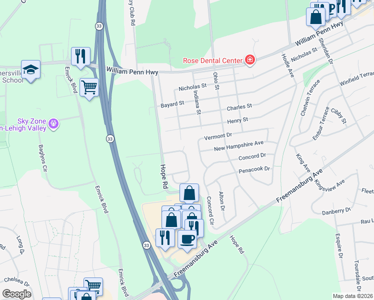 map of restaurants, bars, coffee shops, grocery stores, and more near 5154 Vermont Drive in Easton