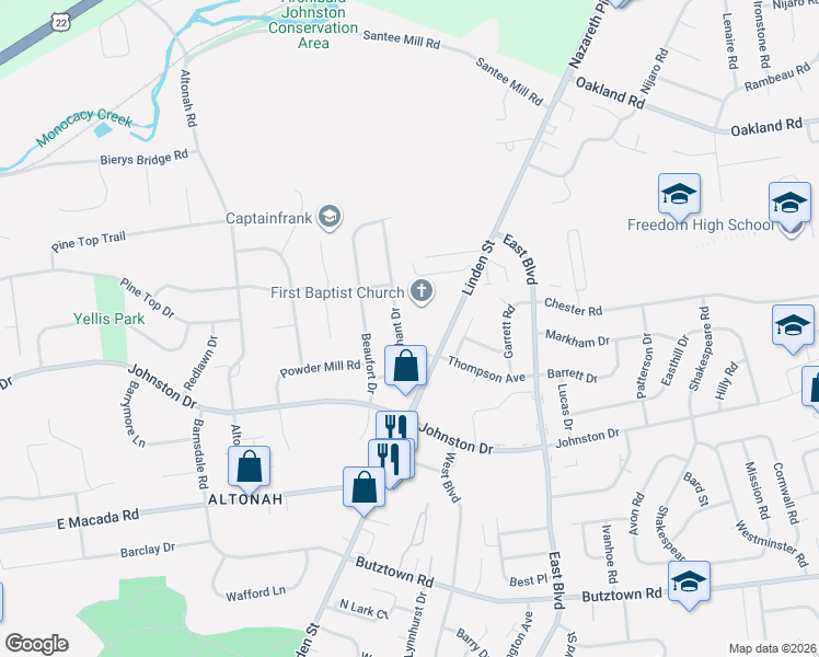 map of restaurants, bars, coffee shops, grocery stores, and more near 3235 Linden Street in Bethlehem