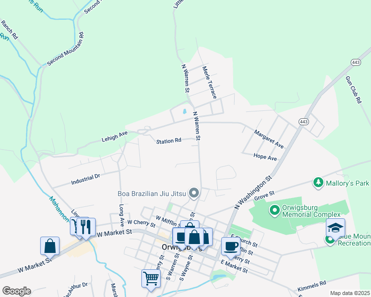 map of restaurants, bars, coffee shops, grocery stores, and more near 110 Station Road in Orwigsburg