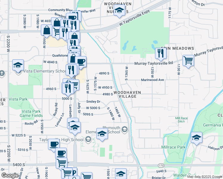 map of restaurants, bars, coffee shops, grocery stores, and more near 1475 West 4950 South in Taylorsville