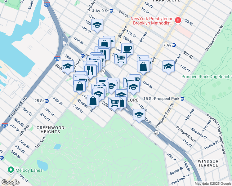 map of restaurants, bars, coffee shops, grocery stores, and more near 335 18th Street in Brooklyn