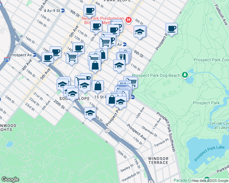 map of restaurants, bars, coffee shops, grocery stores, and more near 423 15th Street in Brooklyn