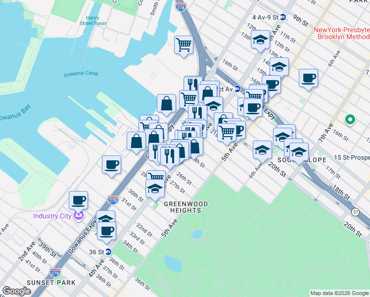 map of restaurants, bars, coffee shops, grocery stores, and more near 148 23rd Street in Brooklyn