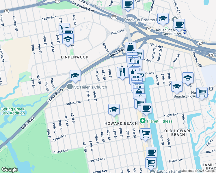 map of restaurants, bars, coffee shops, grocery stores, and more near 88-8 157th Avenue in Queens