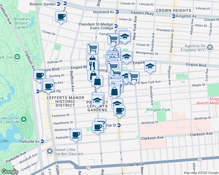 map of restaurants, bars, coffee shops, grocery stores, and more near 336 Lincoln Road in Brooklyn