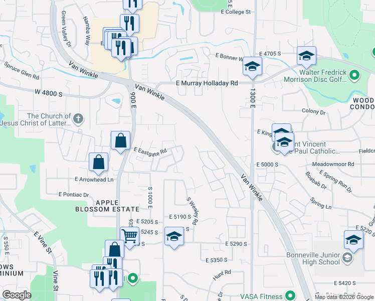 map of restaurants, bars, coffee shops, grocery stores, and more near 4953 South Eastridge Lane in Salt Lake City