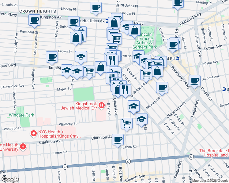 map of restaurants, bars, coffee shops, grocery stores, and more near Utica Ave & Midwood St in Brooklyn
