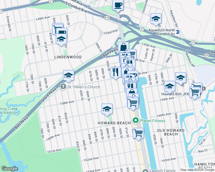 map of restaurants, bars, coffee shops, grocery stores, and more near 157-06 90th Street in Queens
