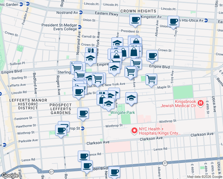 map of restaurants, bars, coffee shops, grocery stores, and more near 519 Brooklyn Avenue in Brooklyn