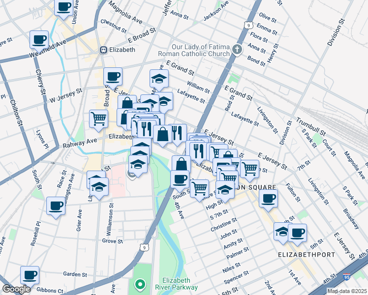 map of restaurants, bars, coffee shops, grocery stores, and more near 29 Prospect Street in Elizabeth
