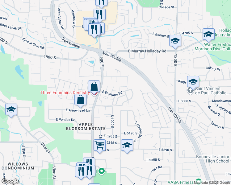 map of restaurants, bars, coffee shops, grocery stores, and more near 4937 South 1021 East in Salt Lake City