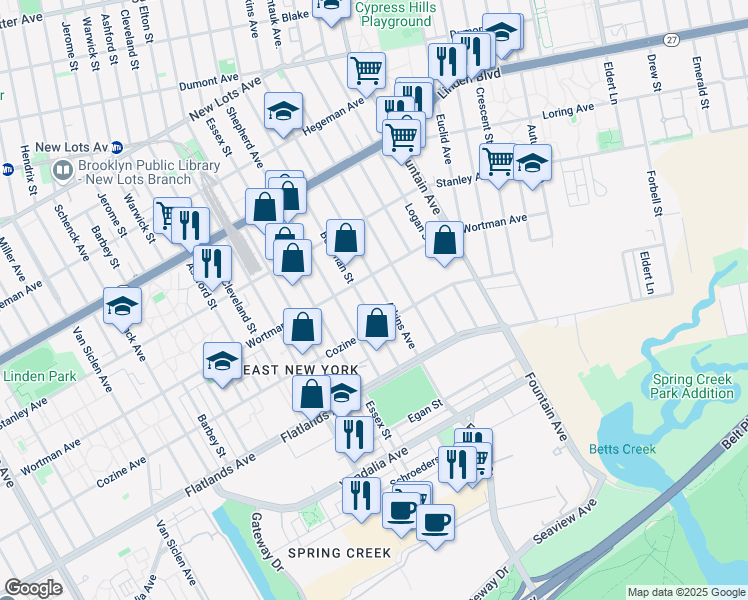 map of restaurants, bars, coffee shops, grocery stores, and more near 600 Wortman Avenue in Brooklyn