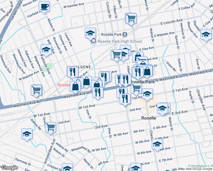 map of restaurants, bars, coffee shops, grocery stores, and more near 148 Warren Avenue in Roselle Park