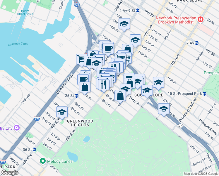 map of restaurants, bars, coffee shops, grocery stores, and more near 696 5th Avenue in Brooklyn