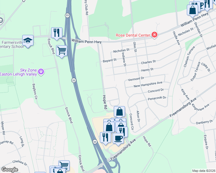map of restaurants, bars, coffee shops, grocery stores, and more near 1020 Illinois Street in Easton