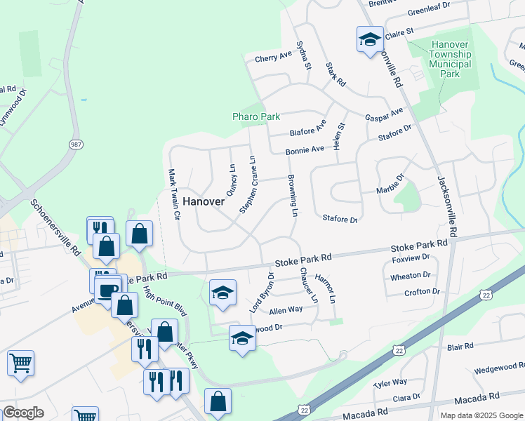 map of restaurants, bars, coffee shops, grocery stores, and more near 3535 Chesterfield Lane in Bethlehem