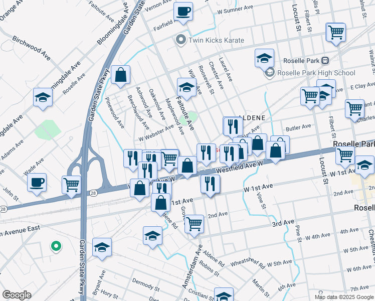 map of restaurants, bars, coffee shops, grocery stores, and more near 414 Maplewood Avenue in Roselle Park