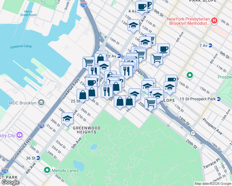 map of restaurants, bars, coffee shops, grocery stores, and more near 5th Ave & 21st St in Brooklyn