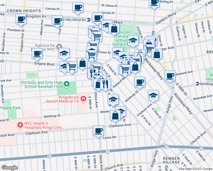 map of restaurants, bars, coffee shops, grocery stores, and more near 106 Remsen Avenue in Brooklyn