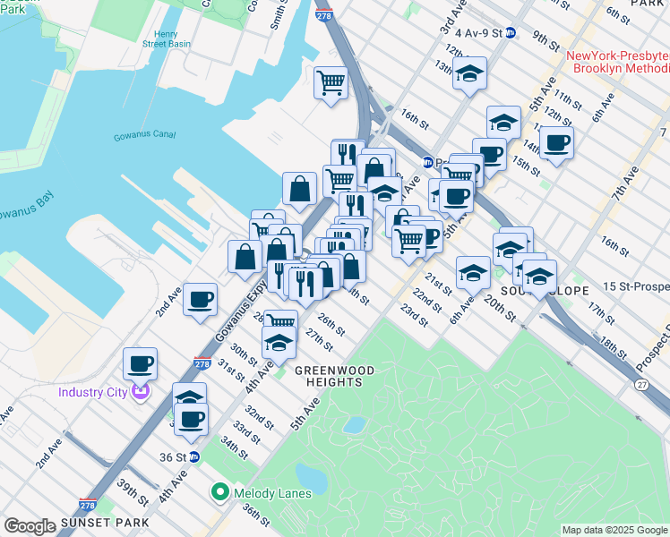 map of restaurants, bars, coffee shops, grocery stores, and more near 736 4th Avenue in Brooklyn