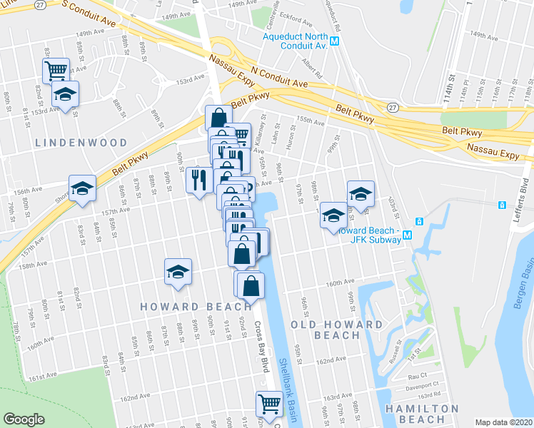 map of restaurants, bars, coffee shops, grocery stores, and more near 15750 95th Street in Queens