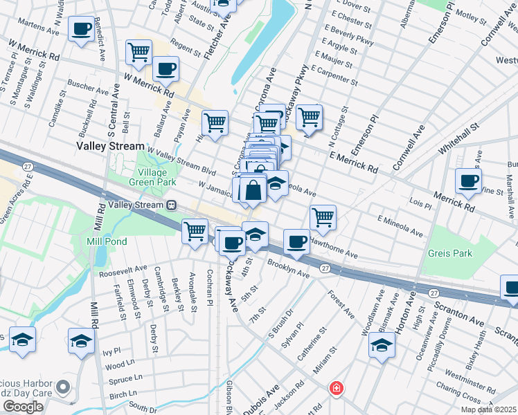map of restaurants, bars, coffee shops, grocery stores, and more near 174 Rockaway Avenue in Valley Stream