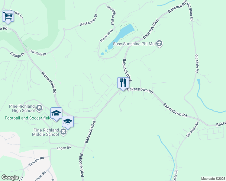 map of restaurants, bars, coffee shops, grocery stores, and more near 11087 Babcock Boulevard in Gibsonia